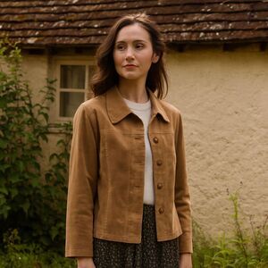 RQT Pinwale Corduroy Blazer Jacket Womens Size L Camel Velvety Cottage Button Up